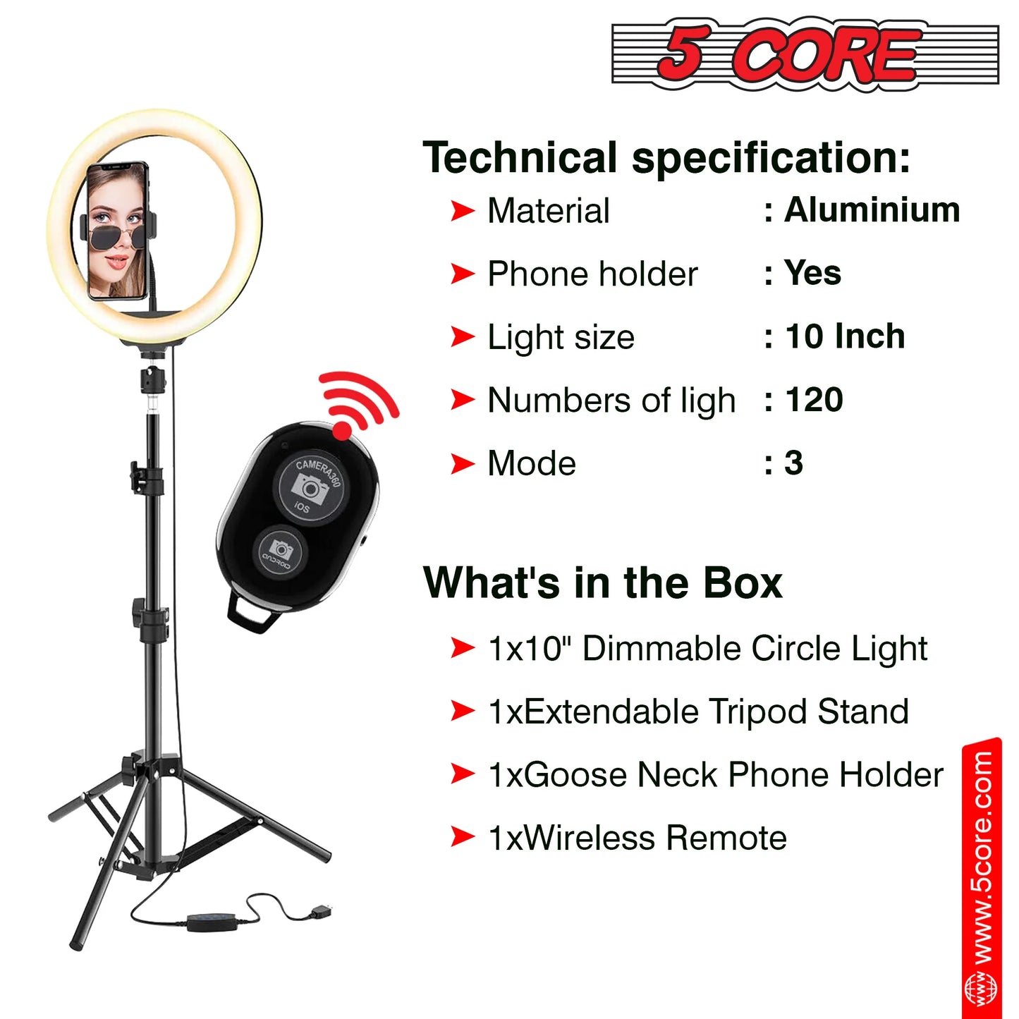 5 Core Ring Light 10 Inch W Tripod Phone Stand Adjustable Selfie Lights for Makeup Recording Podcast Streaming W Remote Included - RL 10