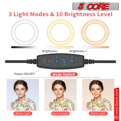 5 Core Ring Light 10 Inch W Tripod Phone Stand Adjustable Selfie Lights for Makeup Recording Podcast Streaming W Remote Included - RL 10