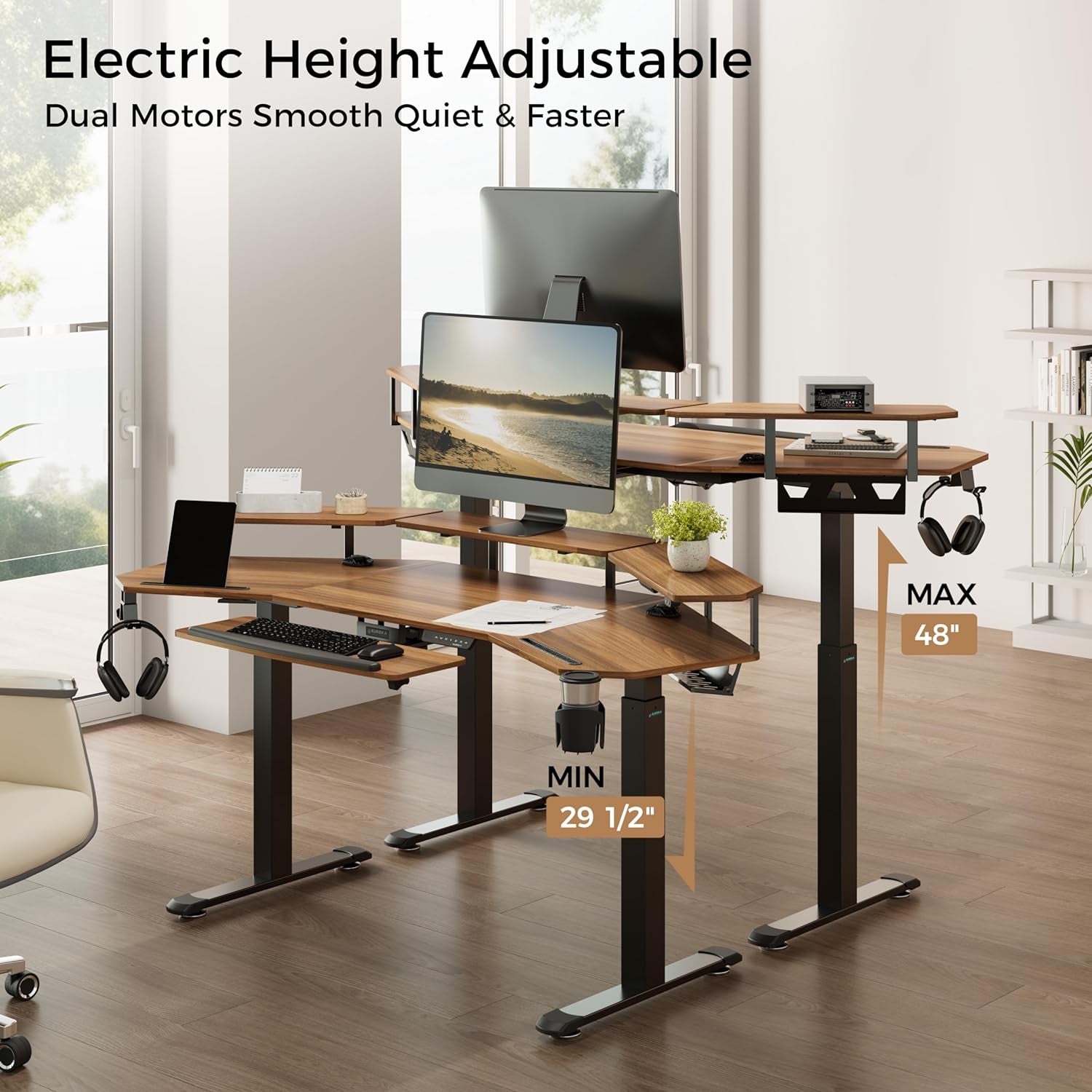 Standing Desk Electric Adjustable Height Desk, Computer Desk with Keyboard Tray 72" Gaming Desk Music Studio Desk Sit Stand up Desk LED Convertible Shelf,Dual Motor,Slot Design,Walnut