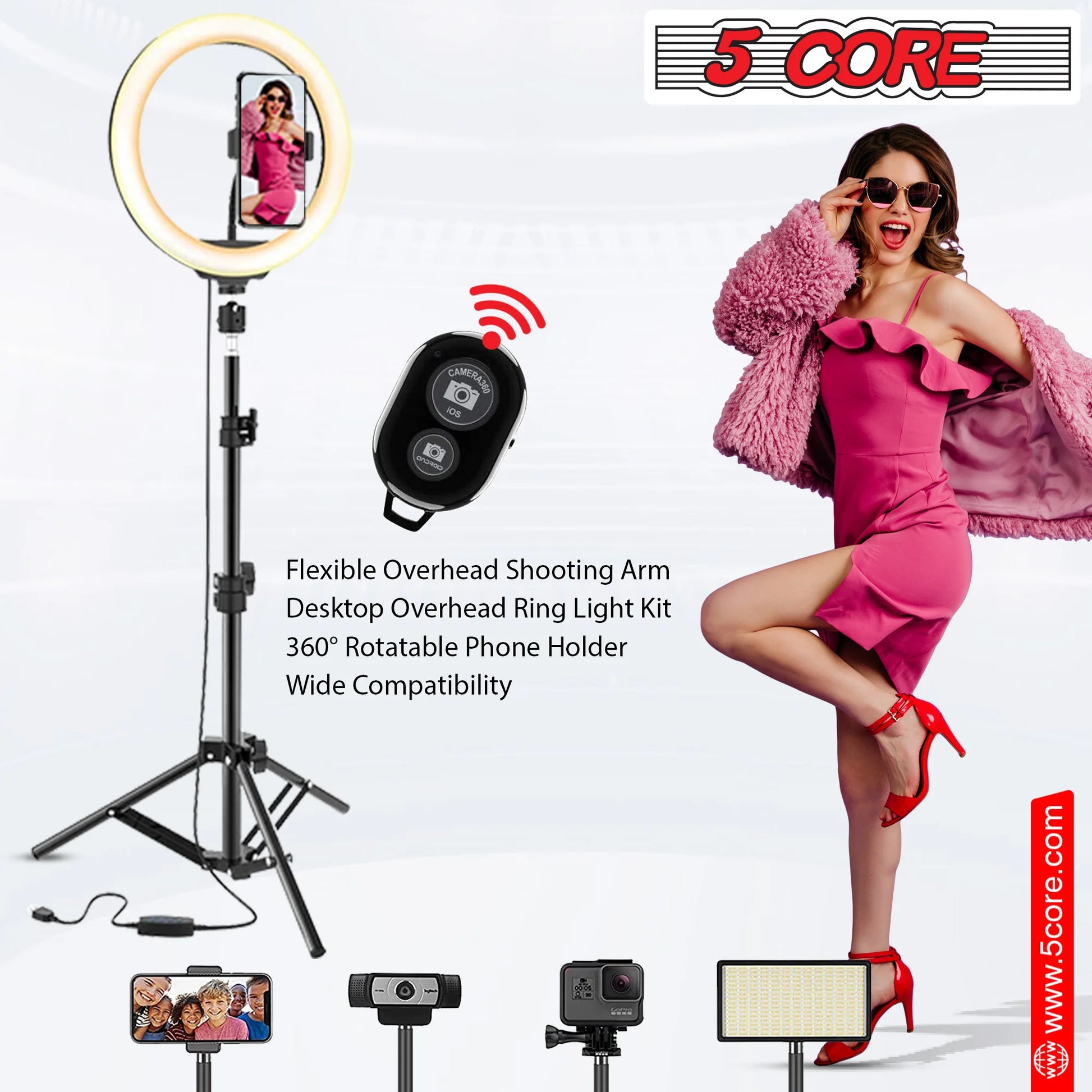 5 Core Ring Light 10 Inch W Tripod Phone Stand Adjustable Selfie Lights for Makeup Recording Podcast Streaming W Remote Included - RL 10