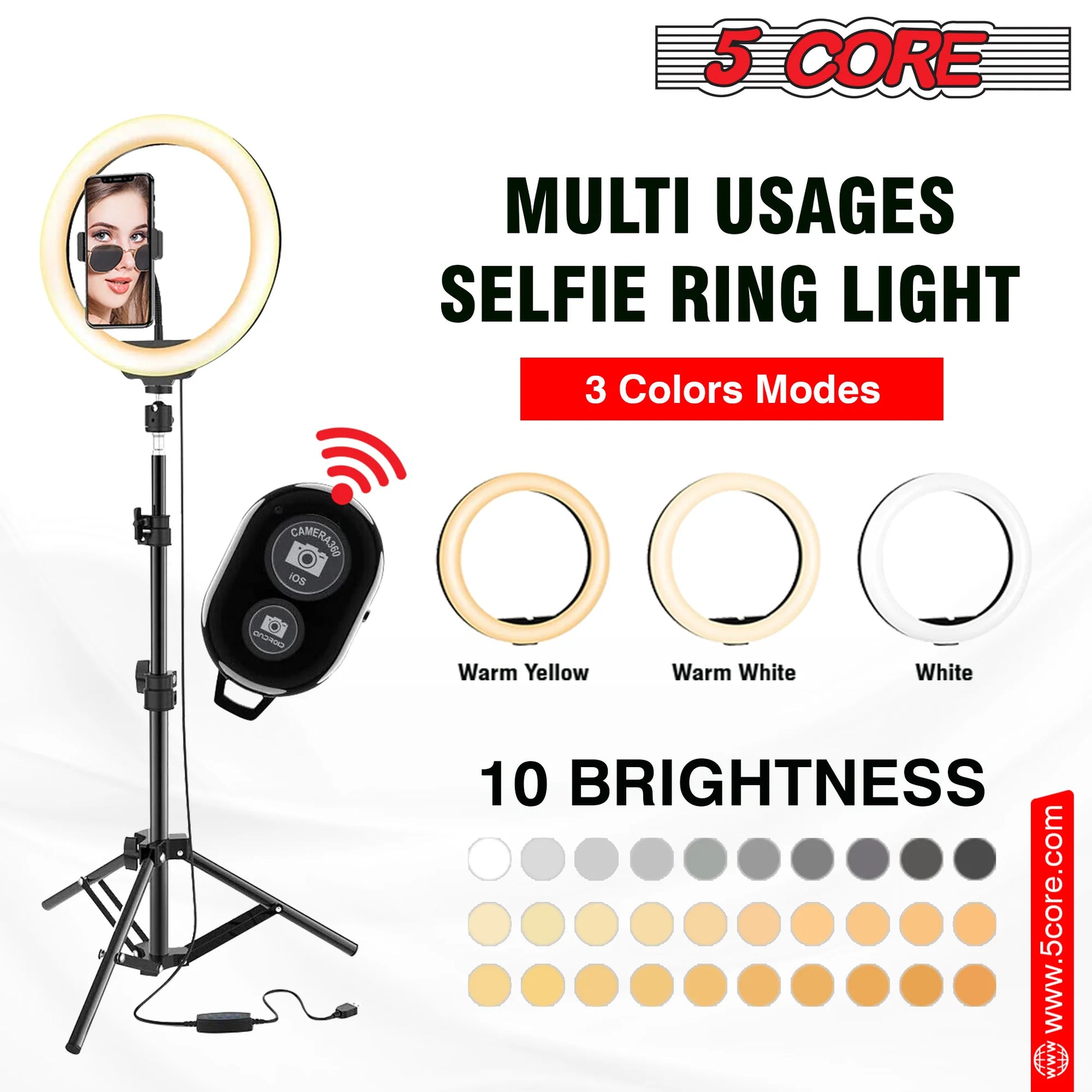 5 Core Ring Light 10 Inch W Tripod Phone Stand Adjustable Selfie Lights for Makeup Recording Podcast Streaming W Remote Included - RL 10