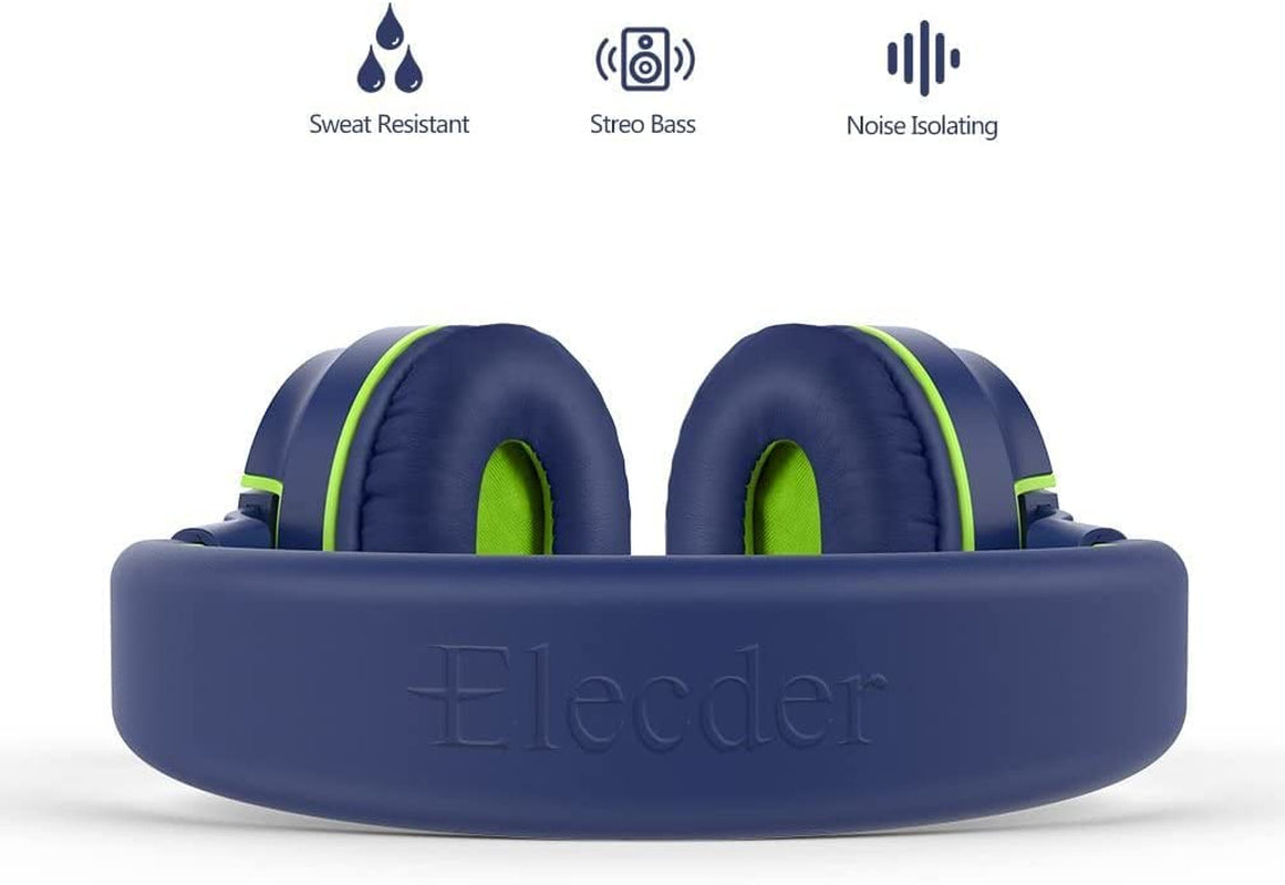 I36 Kids Headphones Children Girls Boys Teens Foldable Adjustable on Ear Headphones 3.5Mm Jack Compatible Cellphones Computer Kindle MP3/4 School Tablet Blue/Green