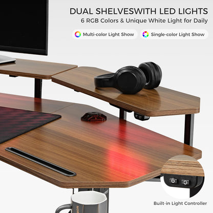 Standing Desk Electric Adjustable Height Desk, Computer Desk with Keyboard Tray 72" Gaming Desk Music Studio Desk Sit Stand up Desk LED Convertible Shelf,Dual Motor,Slot Design,Walnut