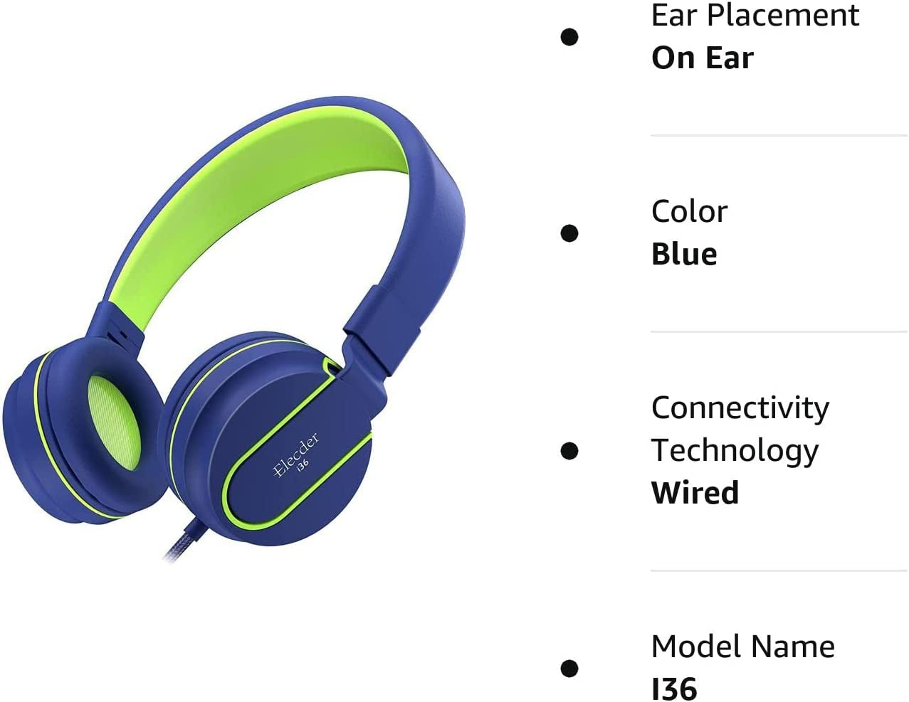 I36 Kids Headphones Children Girls Boys Teens Foldable Adjustable on Ear Headphones 3.5Mm Jack Compatible Cellphones Computer Kindle MP3/4 School Tablet Blue/Green