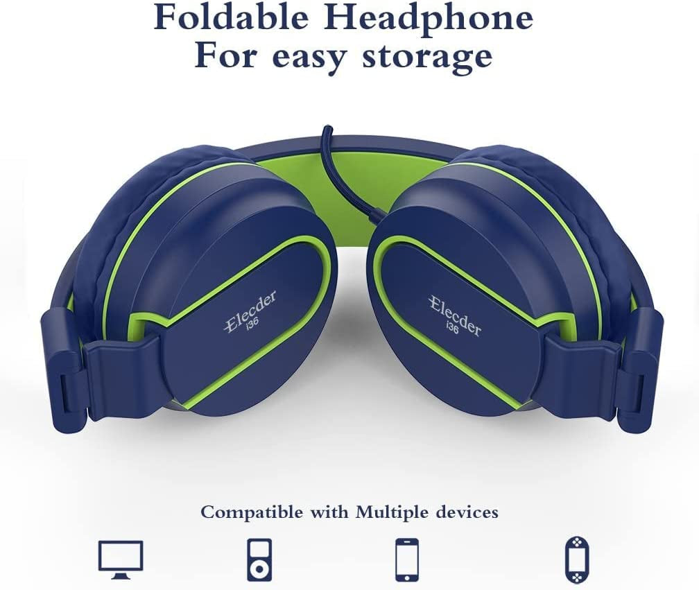 I36 Kids Headphones Children Girls Boys Teens Foldable Adjustable on Ear Headphones 3.5Mm Jack Compatible Cellphones Computer Kindle MP3/4 School Tablet Blue/Green