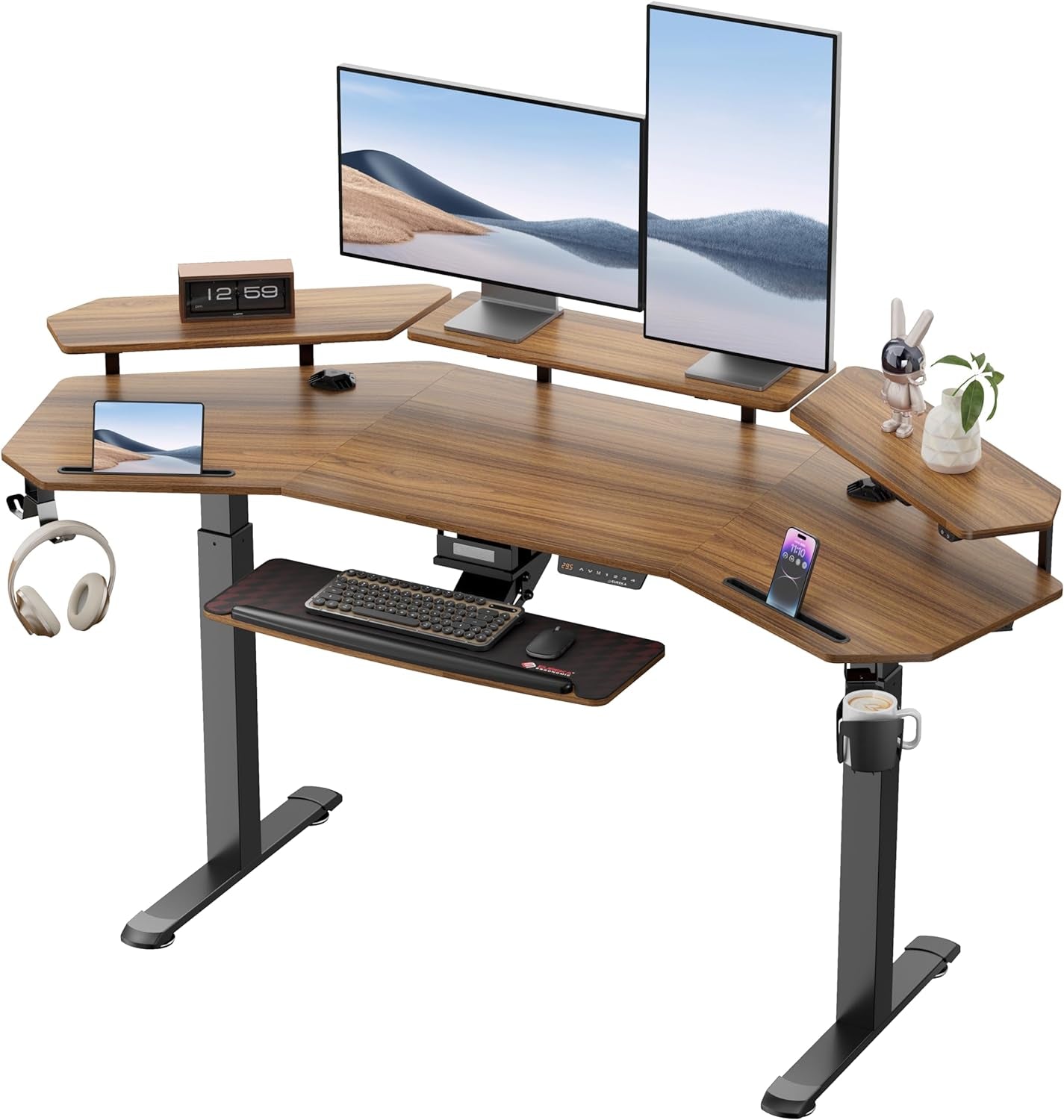 Standing Desk Electric Adjustable Height Desk, Computer Desk with Keyboard Tray 72" Gaming Desk Music Studio Desk Sit Stand up Desk LED Convertible Shelf,Dual Motor,Slot Design,Walnut