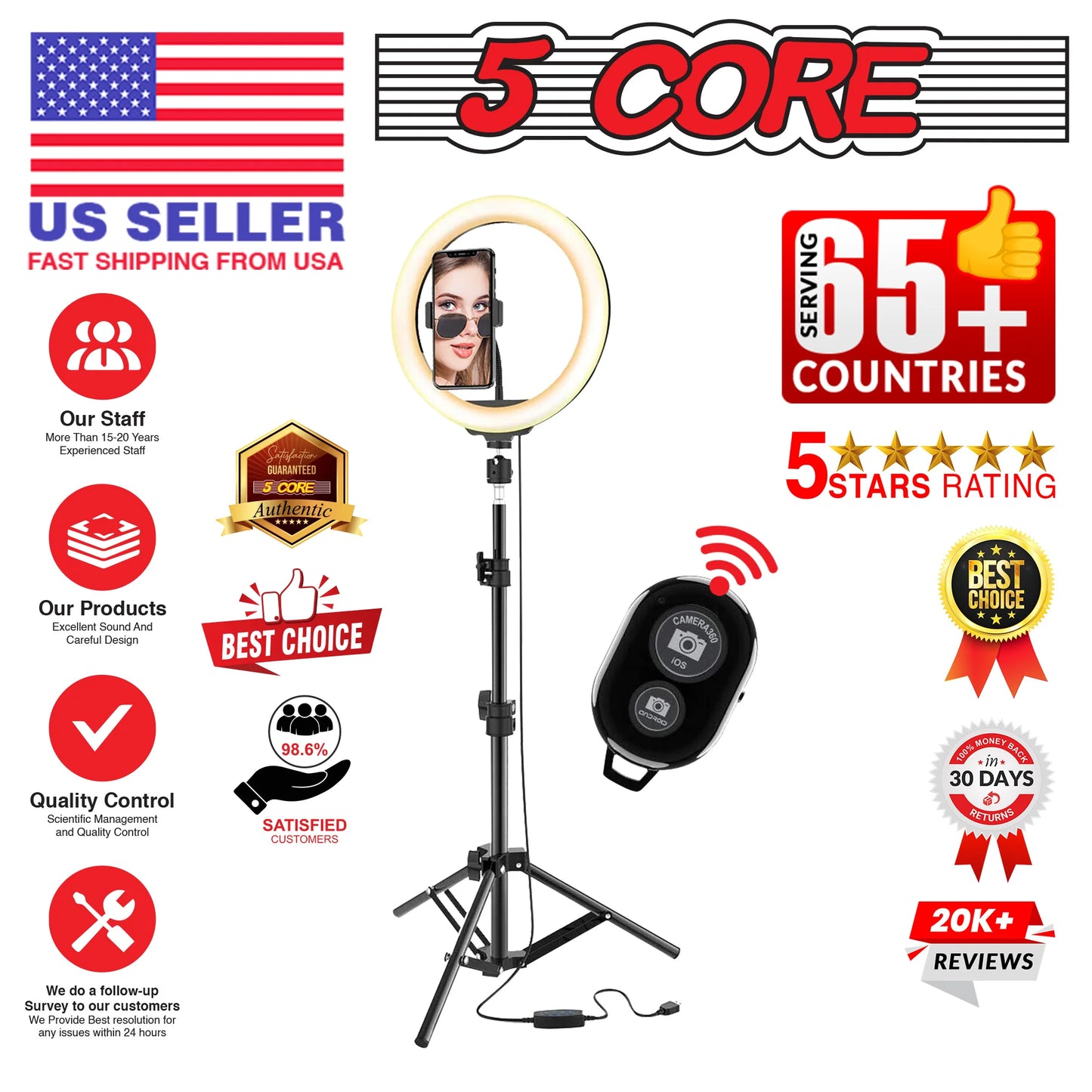 5 Core Ring Light 10 Inch W Tripod Phone Stand Adjustable Selfie Lights for Makeup Recording Podcast Streaming W Remote Included - RL 10