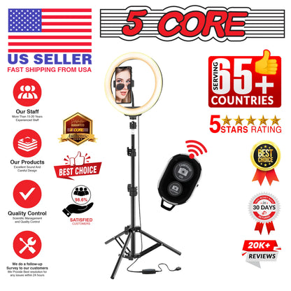 5 Core Ring Light 10 Inch W Tripod Phone Stand Adjustable Selfie Lights for Makeup Recording Podcast Streaming W Remote Included - RL 10