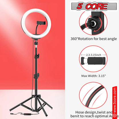 5 Core Ring Light 10 Inch W Tripod Phone Stand Adjustable Selfie Lights for Makeup Recording Podcast Streaming W Remote Included - RL 10