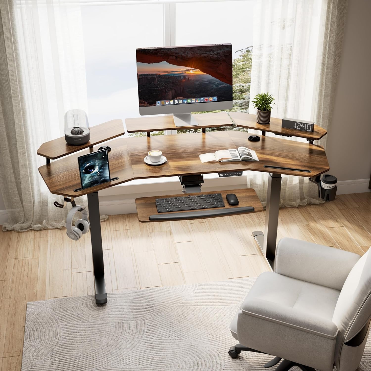 Standing Desk Electric Adjustable Height Desk, Computer Desk with Keyboard Tray 72" Gaming Desk Music Studio Desk Sit Stand up Desk LED Convertible Shelf,Dual Motor,Slot Design,Walnut