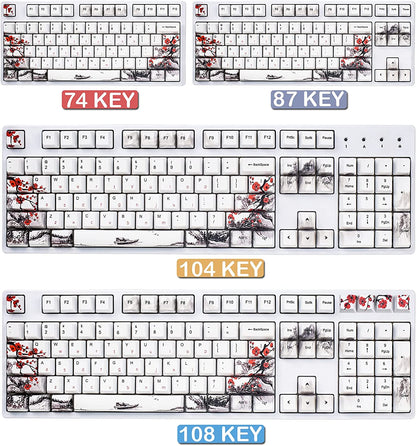 Keycaps 110 Set for Full Size Mechanical Keyboard, Custom PBT OEM Profile Key Caps Japanese Style with Keycap Puller for Cherry MX 104/87/71/61 60 Percent Keyboard(Plum Blossom)