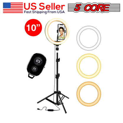 5 Core Ring Light 10 Inch W Tripod Phone Stand Adjustable Selfie Lights for Makeup Recording Podcast Streaming W Remote Included - RL 10